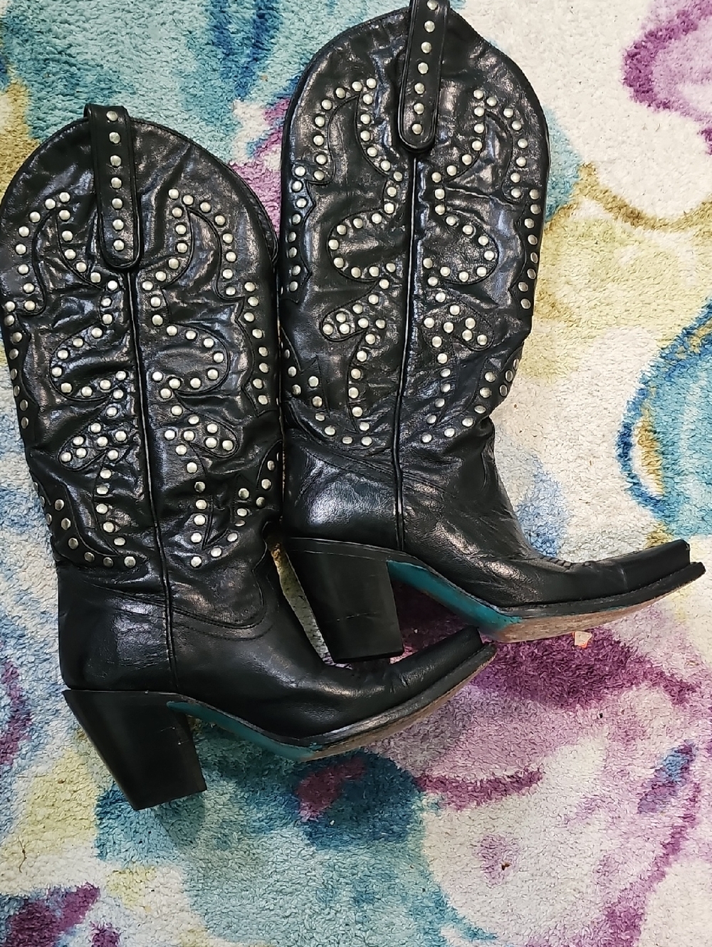 Lane Size 7 Women's Black Studded Western Cowgirl Boots Leather